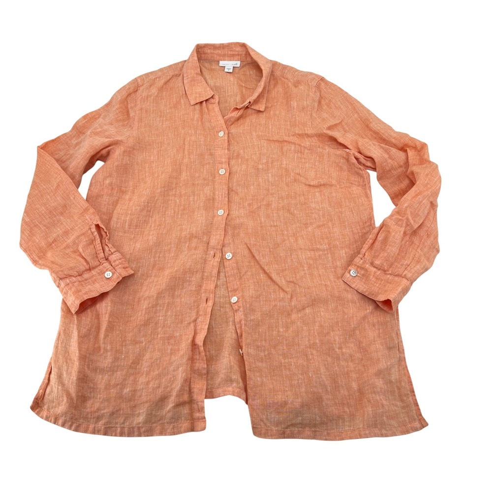 J Jill Love Linen Orange Button Down Shirt‎ Tunic Top Women's Size M